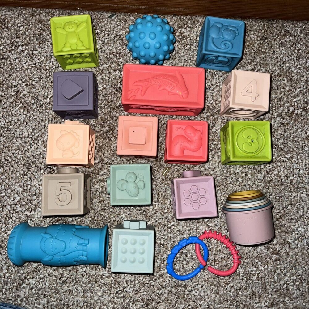 Squishy Toy Blocks Rubber Building Blocks & Silicon Stacking Cups Toy Bundle Lot